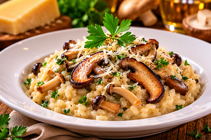 Risoto cremoso de cogumelos frescos servido com parmesão e salsinha em prato sofisticado.