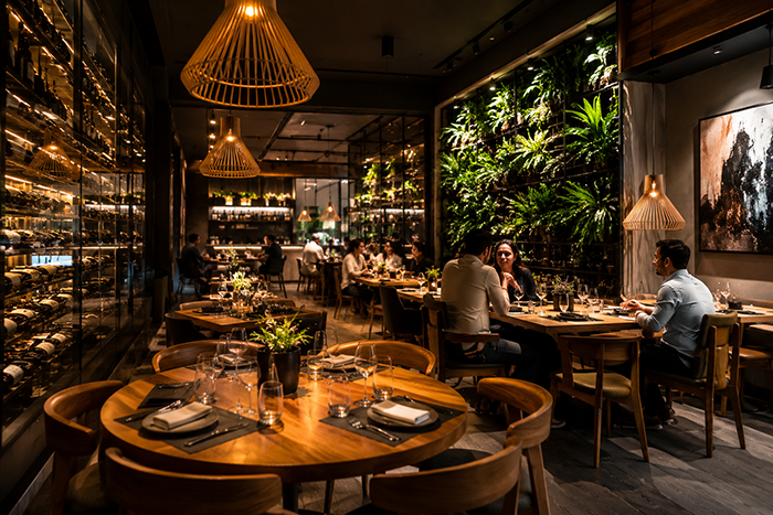Interior de restaurante moderno com decoração elegante, iluminação aconchegante e ambiente gourmet sofisticado.
